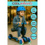 Cool Wheels Oturaklı Combo Scooter - 3-7 Yaş Ayarlanabilir Gidonlu | 50 kg Taşıma Kapasiteli Işıklı 3 Tekerlekli Çocuk Scooterı - Mavi