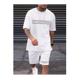 coolart Boston Çizgili Logo T-Shirt Şort - Beyaz Alt Üst Takım Şort Tişört Kombin Baskılı Bisiklet Yaka