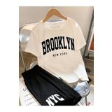 coolart Brooklyn Nyc T-Shirt Şort - Beyaz Siyah Alt Üst Takım Şort Tişört Kombin Baskılı Bisiklet Yaka