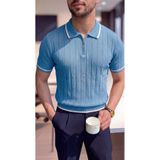 coolart Erkek Çizgili Fermuarlı T-Shirt - Mavi Örme Triko Tişört Polo Yaka