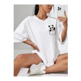 coolart Panda Cep Tasarım Tişört - Beyaz Baskılı Oversize Yazlık Kısa Kol T-Shirt Bisiklet Yaka