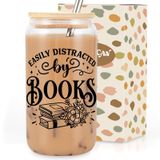 Coolife Kitap Temalı 16 Oz Cam Bardaklar w/Kapaklı ve Pipetli, Kitap Severler için Hediyeler - Kitap Kulübü Kitap Hediyeleri, Kütüphaneci Hediyeleri, Arkadaşlar için Kitap Kurdu Hediyeleri,