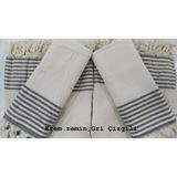 Coperta Battal Boy Kolları Örten Pamuklu Krem Zemin Gri Çizgili Koltuk Örtüsü Takımı 3+3+1+1 - 170 x 300 cm - Krem - Gri