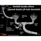 Çöpmak Körüklü Sifon Damlalıklı Çiftli Büyük Kafa Evye Sifonu Lav