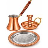 Copper Empire 3'lü El Yapımı Dövme Bakır Kahve Seti | Cezve Sunum Tabağı ve Şamdan - 3 Adet