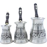 Copperdone Çiçek El Işlemeli Uzun Bakır Cezve Seti 3 Lü Antik Gümüş