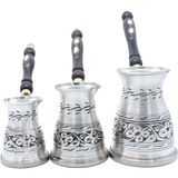Copperdone Çiçek El Işlemeli Uzun Bakır Cezve Seti 3 Lü Indüksiyon Ocak Uyumlu Antik Gümüş