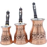 Copperdone Çiçek El Işlemeli Uzun Eskitme Bakır Cezve Seti 3 Lü Antik Bakır Renk