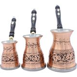 Copperdone Çiçek El Işlemeli Uzun Eskitme Bakır Cezve Seti 3 Lü Indüksiyon Ocak Uyumlu
