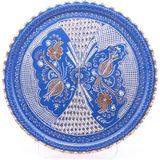Copperdone Erzincan El Işlemesi Otantik Dikdörtgen Bakır Çay Kahve Servis Tepsisi Mavi Renk 29CM - 29 cm