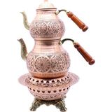 Copperdone Gaziantep Ağır El Işlemeli Büyük Boy Bakır Çaydanlık ve Işlemeli Bakır Çaydanlık Isıtıcı Seti Antik Bakır Renk Model 1