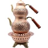 Copperdone Gaziantep Ağır El Işlemeli Büyük Boy Bakır Çaydanlık ve Işlemeli Bakır Çaydanlık Isıtıcı Seti Antik Bakır Renk Model 2