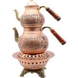 Copperdone Gaziantep Ağır El Işlemeli Büyük Boy Bakır Çaydanlık ve Işlemeli Bakır Çaydanlık Isıtıcı Seti Antik Bakır Renk Model 3