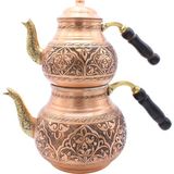 Copperdone Gaziantep Ağır El Işlemeli Büyük Boy Bakır Çaydanlık ve Işlemeli Bakır Çaydanlık Isıtıcı Seti Antik Bakır Renk Model 7