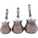 Copperdone Gaziantep El Işlemesi Çiçekli Eskitme Bakır Cezve Bakır Oksit Renk Bakır 3 Lü Cezve Seti