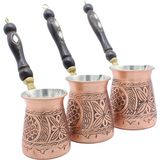 Copperdone Gaziantep El Işlemesi Etnik Desenli Eskitme Bakır Cezve Antik Bakır Renk 3 Lü Cezve Seti