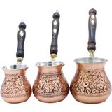 Copperdone Gaziantep El Işlemesi Otantik Eskitme Bakır Cezve Seti Antik Bakır Renk 3 Lü Bakır Cezve Seti