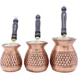 Copperdone Gaziantep El Işlemesi Petek Desenli Bakır Cezve Antik Bakır Renk Bakır 3 Lü Cezve Seti