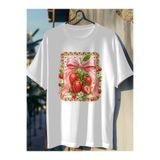 Coquette Çilek Leopar Kurdele Baskılı Oversize Pamuklu Beyaz T-shirt kmn29sb