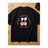 Coquette Girl Club Çilek Kurdele Baskılı Oversize Pamuklu Kadın Siyah T-shirt kmn38sb