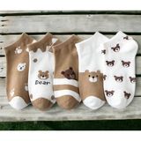 Çorabistann 5 Çift Sevimli Ayı Desenli Çok Renkli Teddy Bear Kadın Patik Çorap Dikişsiz - 36 - 40 - Beyaz - Kahverengi