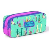 Coral High 22156 Kids Su Yeşili Açık Pembe Monogram Desenli İki Bölmeli Kalemlik