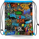 Coral High 22673 Kids Siyah Mavi Grafiti Desenli Ipli Büzgülü Sırt Okul Çantası