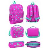 Coral High 23113 Kids Neon Pembe Su Yeşili Kalp Desenli Dört Bölmeli Okul Sırt Çantası + Beslenme Çantası + Kalem Çantası