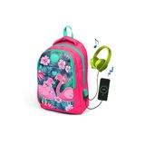 Coral High 23416 KK118.0 Kids Neon Mercan Flamingolu Üç Bölmeli Usb Şarjlı Kulaklık Çıkışlı Sırt Çantası