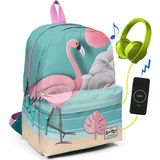 Coral High 23423 - Yeşil - Bej Yeşil Flamingolu Üç Bölmeli USB Şarjlı Kulaklık Çıkışlı Sırt Çantası