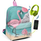 Coral High 23423 Yeşil Flamingolu Üç Bölmeli Usb Şarjlı Kulaklık Çıkışlı Sırt Çantası