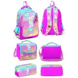 Coral High 23648 Renkli Dondurmalı Kedi Desenli Üç Bölmeli Okul Sırt Çantası + Beslenme Çantası + Kalem Çantası