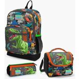 Coral High 23744-MİX3 Kids Siyah Gri Dinozor Desenli 3’lü Okul Çanta Seti Set Okul Çanta