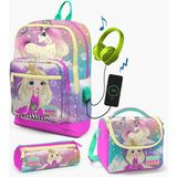 Coral High 23833-MİX3 Kids Pembe Su Yeşili Unicornlu Kız Desenli Usb'li 3’lü Okul Çanta Seti Set