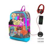 Coral High 23837 Kids Gri Mavi Pembe Anime Desenli Dört Bölmeli Usb'li Okul Sırt Çantası K74.1 Okul Çantası