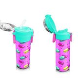 Coral High 31912 500 ml Kids Açık Pembe Su Yeşili Makaron Desenli Pipetli ve Direkt İçim Çelik Termos