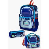 Coral High 3'lü Saks Mavi Astronot Desenli Dört Bölmeli Unisex Okul Çantası 600 gr