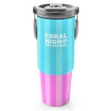 Coral High 900 ml Kız Çocuk Turkuaz Pembe Çizgi Desenli Çelik Termos /Matara - 38747