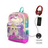 Coral High ADYYGNSET-23833 Adalinhome Pembe Su Yeşili Unicornlu Kız Desenli Dört Bölmeli USB'li Seti Okul Çantası