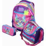 Coral High Ch 23477 Renkli Kedi - 3' Lü Okul Çantası Seti - Sırt ve Beslenme Çantası + Kalemlik - 45x30x15 cm - Çok - Renkli