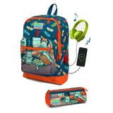 Coral High Civit Neon Turuncu Kaykay Desenli USB Girişli 2'li Seti Erkek Çocuk Okul Çanta