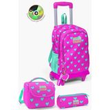 Coral High Çocuk Okul Çantası Neon Pembe Su Yeşili Kalp Desenli Çekçekli 3'lü Set, Orta, SET01K121.1, Neon Pembe, kız-çocuk
