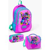 Coral High Çocuk Okul Çantası Pembe Mavi Yeşil Simli Kedi Desenli 3'lü Set, Orta, SET01K118, Pembe Mavi Yeşil, erkek-çocuk