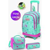 Coral High Çocuk Okul Çantası Su Yeşili Neon Pembe Flamingo Desenli Çekçekli 3'lü Set, Orta, GOSET01K121.1, Su Yeşili Neon Pembe Flamingo, üniseks-çocuk