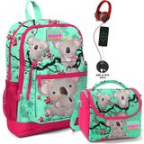 Coral High Coral High Yeşil Koala Baskılı Okul Çantası ve Beslenme Çantası Seti - Kız Çocuk - USB Soketli (Çok Renkli) Beslenme Çantası