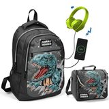 Coral High Dinazor Baskılı Okul ve Beslenme Çantası - Erkek Çocuk - Usb Soketli Beslenme Çantası