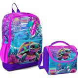Coral High Dort Bolmeli Kiz Cocuk Okul Sirt Cantasi Ve Beslenme Seti - Pembe Mor Kaplumbaga
