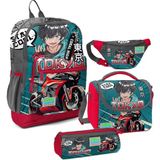 Coral High Erkek Çocuk Gri Nefti Anime Motorsiklet Desenli Ilkokul Okul Çanta Seti ve Bel Çantası - Kırmızı - Yeşil