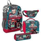 Coral High Erkek Çocuk Gri Nefti Anime Motorsiklet Desenli İlkokul Okul Çanta Seti Ve Bel Çantası