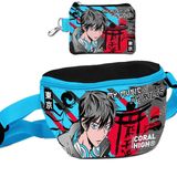Coral High Erkek Çocuk Siyah Mavi Anime Desenli Bel Çantası ve Bozuk Para Cüzdanı Set